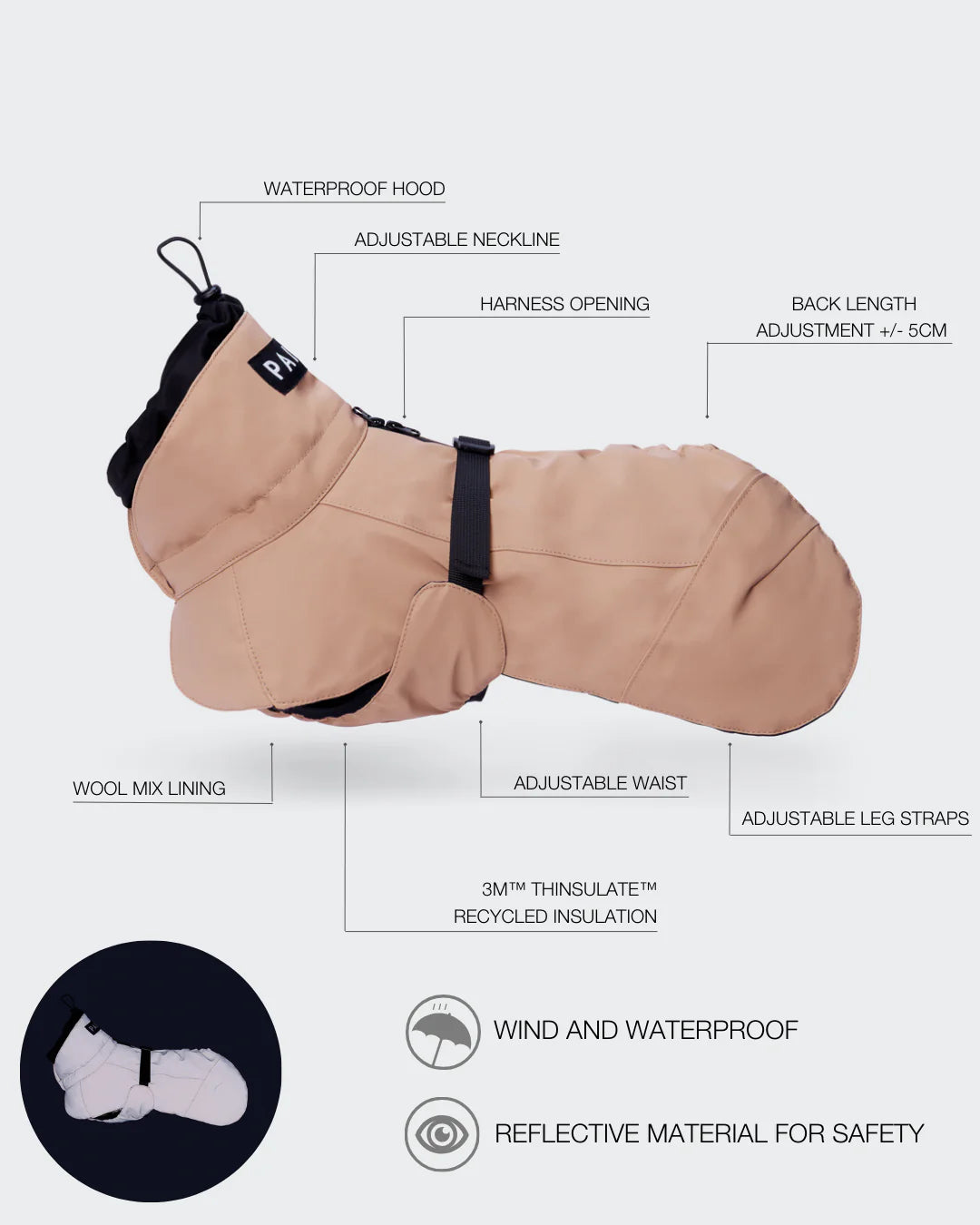 PAIKKA Visibility Winter Jacket Wool for Dogs Taupe